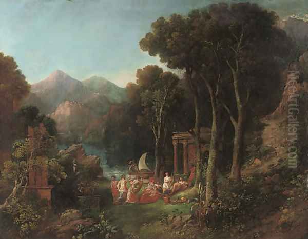 A mountainous wooded river landscape with a bacchanal - view 1