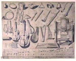 Various musical instruments the percussion the stringed and wind instruments the organ by Daniel Nikolaus Chodowiecki