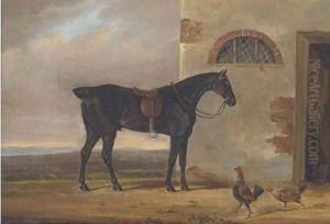A saddled hunter before a stable by Daniel Clowes