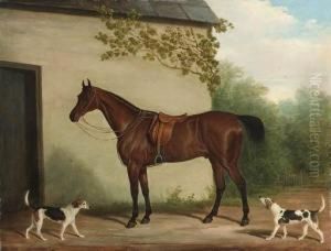 A Bay Hunter With Hounds Outside A Stable by James Loder