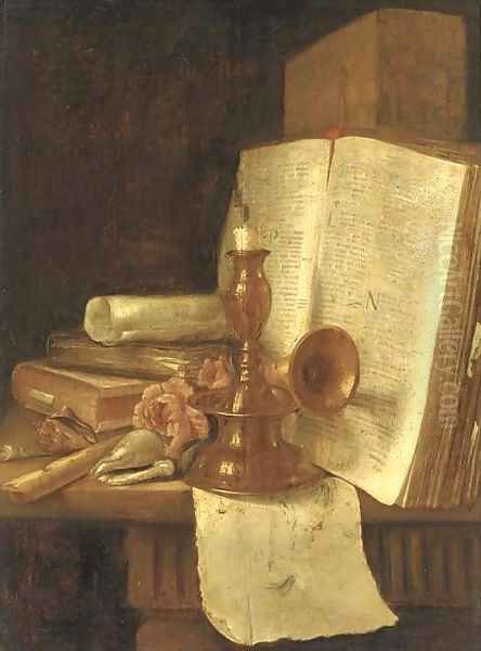 A brass candlestick, books, roses and shells on a table - view 1