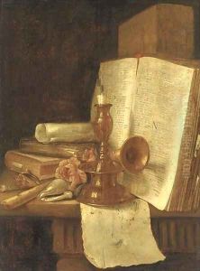 A brass candlestick, books, roses and shells on a table