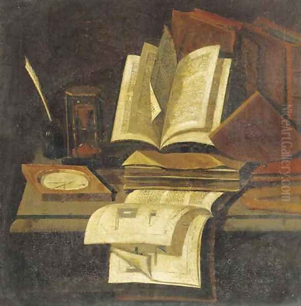 Books, an hourglass, a quill and ink pot and a compass on a table - view 1