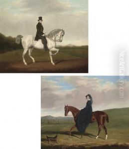 Portrait Of A Gentleman In A 
Green Coat On A Grey Stallion In Alandscape; And Portrait Of A Lady In A
 Blue Dress On A Chestnutmare With A Dog In A Landscape by James Loder Of Bath