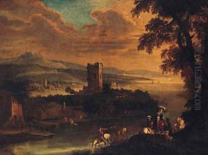 An extensive river landscape with an elegant couple on horseback, a village beyond