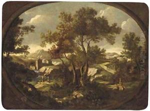 A landscape with travellers at rest by a river, other figures on a path, a walled town beyond by Gianbattista Cimaroli