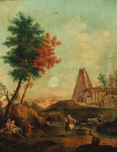 An Italianate landscape with shepherds crossing a stream, washerwomen at a fountain beyond