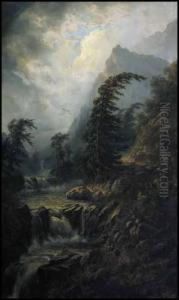 Mountain And Waterfalls by Alexander Francois Loemans