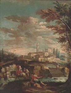 An Italianate river landscape with travellers and an angler on a river bank, a town beyond by Gianbattista Cimaroli