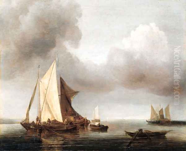 A calm smalschepen at anchor on a cloudy day - view 1