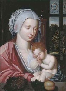 The Virgin and Child in an interior, a landscape beyond by Marcellus Coffermans