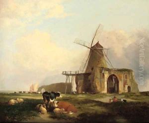 View of St Benet's Abbey, Norfolk, with figures, cattle and sheep in the foreground by Miles Edmund Cotman