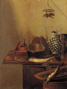 A kitchen still life with fish by Reinier or Reynier Coveyn or Covyn