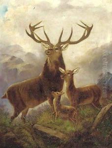 A stag with hinds in a Highland landscape