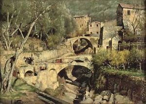 View Of A Mediterranean Village With Bridges And A Villager With His Donkey
