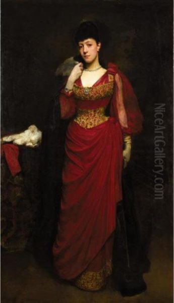 Portrait Of A Lady In A Red Dress With A Shawl, By Tradition Bessie Burton - view 1