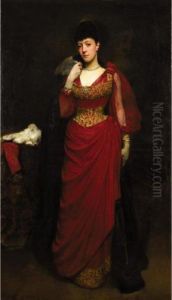 Portrait Of A Lady In A Red Dress With A Shawl, By Tradition Bessie Burton