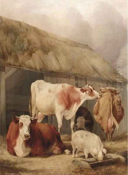 Cattle and a pig in a farmyard - view 1