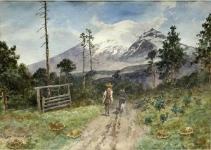 Vista Del Popocatepetl Y Campesinos En Vereda. Vista Del Popocatepetl Y Campesinos En Vereda.
