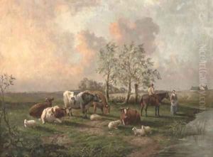 Figures with cattle and sheep in a landscape by Thomas Sidney Cooper