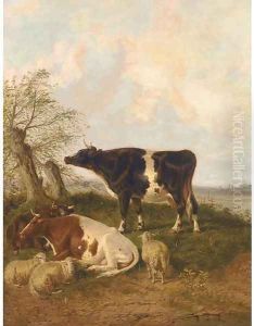 Cattle and sheep resting in a river landscape by Thomas Sidney Cooper
