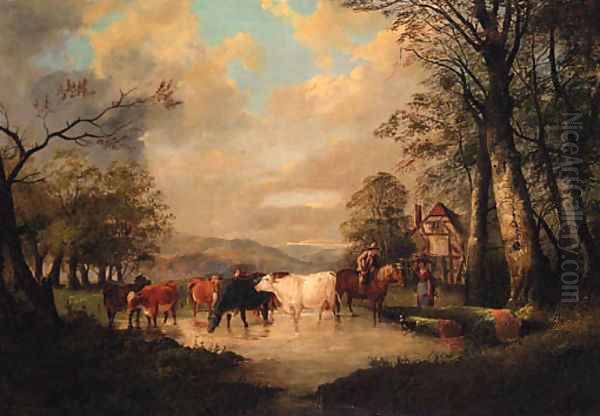 Countryfolk with Cattle watering, a Cottage beyond - view 1