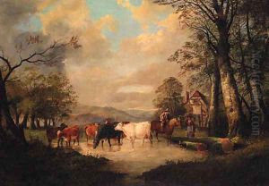 Countryfolk with Cattle watering, a Cottage beyond by Thomas Sidney Cooper