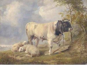 Sheep and a bull in a river landscape by Thomas Sidney Cooper