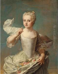 Portrait Of Jacquette Colombe De
 Boquart, Three-quarter Length, Wearing A White Silk Dress Holding A 
Bunch Of Flowers by Marianne Loir