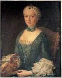 Portrait De Jeune Femme A La Robe Bleue Et Au Petit Chien. Portrait De Jeune Femme A La Robe Bleue Et Au Petit Chien.