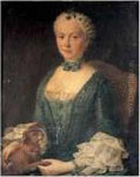 "portrait De Jeune Femme A La Robe Bleue Et Au Petit Chien". - view 1