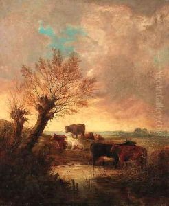 An Extensive Wooded Landscape With Cattle Watering At A Stream by Thomas Sidney Cooper