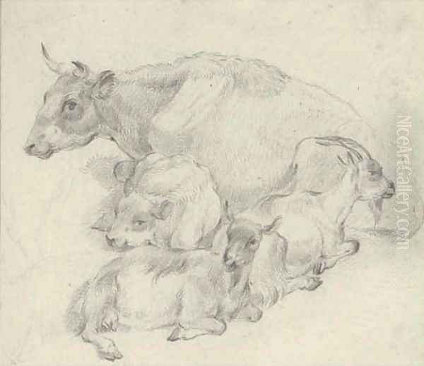 Study of a cow, her calf and two goats - view 1