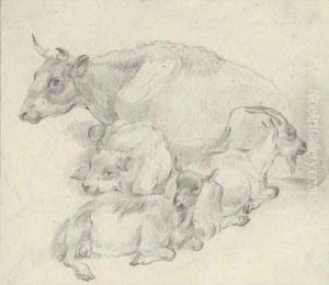 Study of a cow, her calf and two goats by Thomas Sidney Cooper