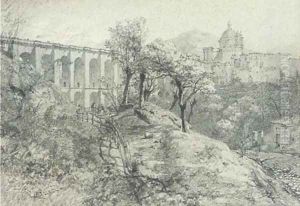 An Italian monastery by a viaduct by William Crouch