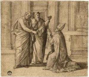 St Peter, Dressed As The First 
Bishop Of Rome, Receives The Keys Of The Kingdom Of Heaven From Christ, 
Another Apostle Looking On by Lambert Lombard