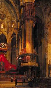 Figures in a cathedral interior by Emilio Cavenaghi