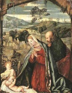 The Holy Family in a landscape by Francesco Prata Da Caravaggio
