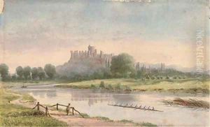 The Eton College rowing eight blading down the Thames, Windsor Castle behind
