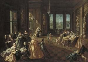 The Interior Of A Palace With Elegant Figures by Giovanni Domenico Lombardi