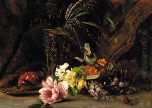 Lilies, peonies, roses, a carnation and other flowers before a brass plate and vase