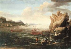 A Mediterranean coastal landscape with fishermen mooring their boats in the foreground and Levantine galleys beyond by Laureys A Castro