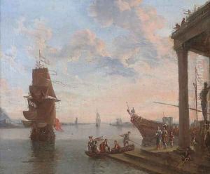A capriccio of a Mediterranean harbour with elegant figures disembarking, shipping beyond