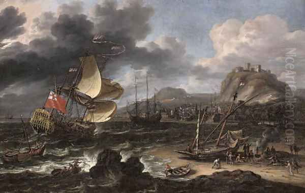 An English man-o'war running into a crowded continental port - view 1