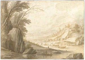 An extensive landscape with fishermen on a broad river, a ruined castle beyond by Maerten De Cock
