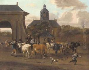 Drovers with cattle before an archway leading to a mansion