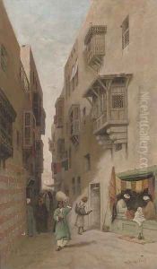 An Eastern street scene, thought to be Cairo by Robert Magnus Chevalier