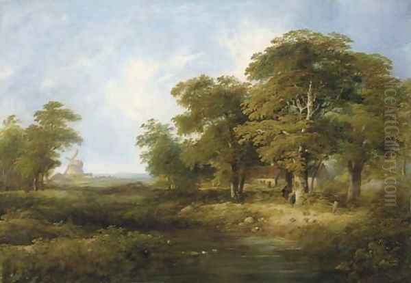 Figures by a cottage in a wooded landscape, a windmill beyond - view 1