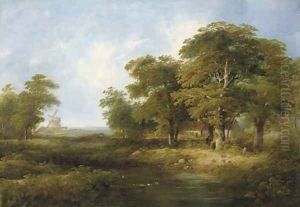 Figures by a cottage in a wooded landscape, a windmill beyond by William Henry Crome