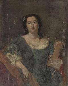 Portrait Of A Lady, 
Three-quarter-length, In A Blue Dress And Brown Mantle, A Jewelled Pin 
In Her Left Hand
